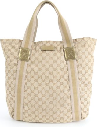 Gucci Beige Brown Leather Canvas Handbag Tote Bag (Pre-Owned)