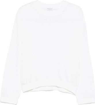 Brunello Cucinelli Witte Crew Neck Sweater Drop Schouder - Dames - Ronde hals truien - Wit - L - Truien & Vesten