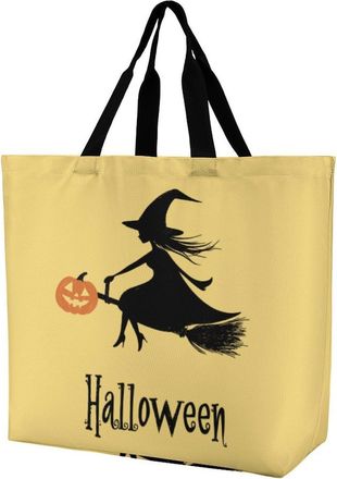 Generic Witch Flying Halloween Holiday Reusable Shopping Bags One Shoulder Grocery Tote Bag Waterproof Big Purse for Work Travel