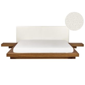 Beliani Cama Moderna Con Plataforma Mesitas De Noche Cabecero De Boucl&eacute; Madera De Fresno Natural 180 X 200 Cm Zen