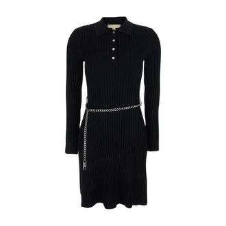Michael Kors Knitted Dresses, female, Black, Size: XS Ribbed Viscose Belted Polo Dress