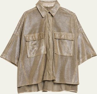 Brunello Cucinelli Laminated Perforated Leather Utility Shirt