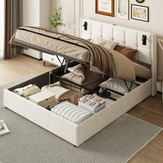 OEM Cama Con Cofre De Terciopelo Beige 140x200 Cm - Almacenamiento Hidr&aacute;ulico, 2 L&aacute;mparas De Lectura Led, Somier De Lamas, Cabecera