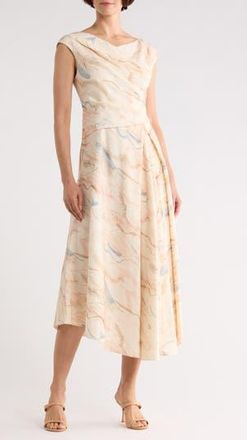 Lafayette 148 New York V-Neck Asymmetric Silk & Linen Midi Dress in Raffia Multi at Nordstrom Rack, Size 6