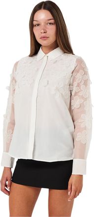 French Connection Dames-shirt met bloemenprint, 3D-effect en lange mouwen (Wit)