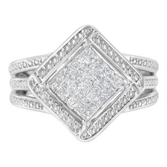 House of Brilliance Silver 2/5 Cttw Princess Cut Diamond Cluster Composite Cocktail Ring at Nordstrom, Size 7.5