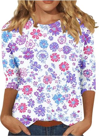 Generic Shopping Online Womens Casual 3/4 Sleeve Blouse UK Summer Fashion Crewneck Tunic Tops Funny Floral Butterfly Polka Dots Print Shirts Dressy Comfy Brea