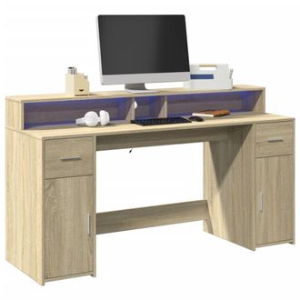 Berkfield Home Desk with LED Lights Sonoma Oak 160x55x91 cm Engineered Wood in Brown | Size: 160 x 55 x 91 cm