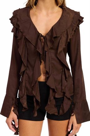 Emory Park Front Tie Ruffled V-Neck Top In Chocolate