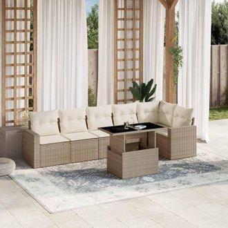 vidaXL Vidaxl - Set Sof&aacute;s De Jard&iacute;n 7 Piezas Y Cojines Rat&aacute;n Sint&eacute;tico Beige