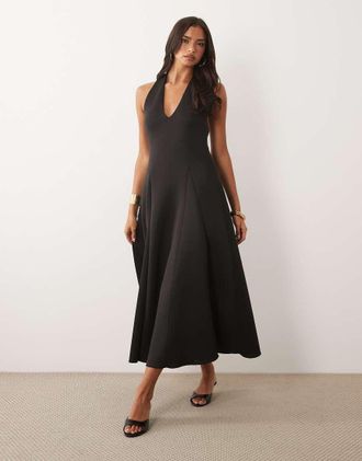 Asos Vestito midi strutturato con gonna a ruota e scollo profondo in tessuto scuba nero