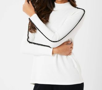 French Kyss Stitch Sleeve Mock Neck Sweater In Ivory/black