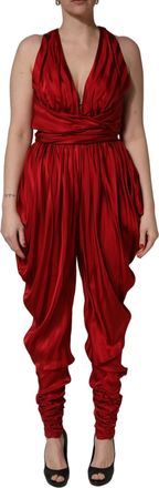 Dolce & Gabbana Womens Red Plunging Halterneck Draped Jumpsuit Dress Viscose