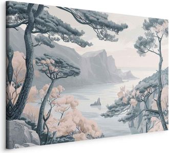 OEM Imagen - Costa Monta&ntilde;osa Con &Aacute;rboles Y Rocas En Tonos Azules Pastel Claros / Costa Azul En Colores Suaves