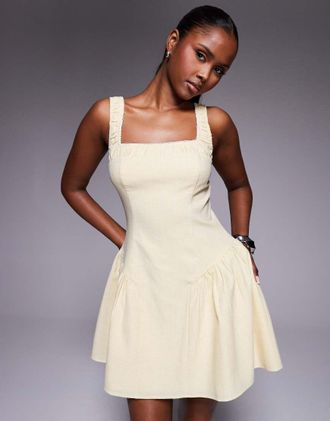 KAIIA exclusive square neck ruched lace trim hip pleat details mini dress in yellow gingham-Multi