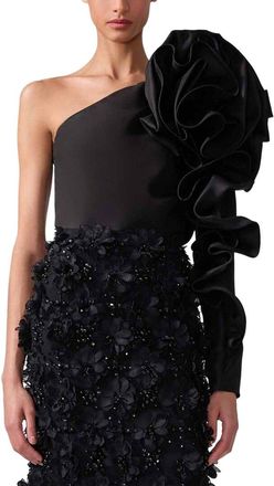 Carolina Herrera One Shoulder Flower Sleeve Silk Top