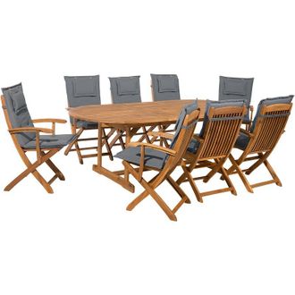 Beliani Conjunto De Comedor Al Aire Libre Madera De Acacia Clara Con Cojines Gris Oscuro Mesa 8 Plazas Sillas Plegables Dise&ntilde;o R&uacute;stico Maui