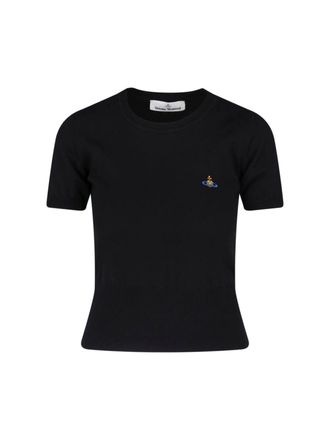 Vivienne Westwood Cropped Black Fitted T-Shirt with Embroidered Emblem