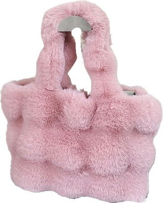 Generic Womens Plush Bags Women Fluffy Shoulder Bags Autumn Winter Top-handle Handbag Girls Plush Tote Bag Solid Color Commuter Versatile Handle(Pink)