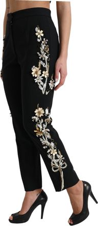 Dolce & Gabbana Womens Black Floral Applique High Waist Tapered Pants Virgin Wool Elastane