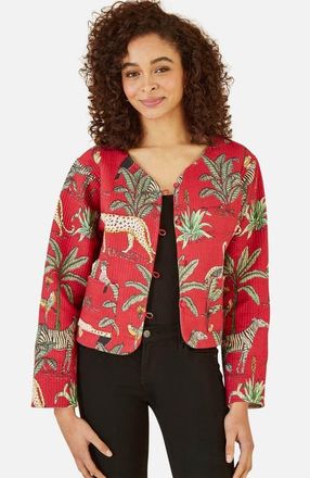 Yumi Animal Reversible Cropped Quilted Jacket in Red at Nordstrom, Size 12