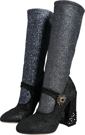 Dolce & Gabbana Womens Black Crystal Mary Janes Booties Shoes And Gray Nylon Spandex (stretch)