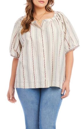 Karen Kane Stripe Floral Embroidered Cotton Peasant Top in Natural at Nordstrom, Size 3 X