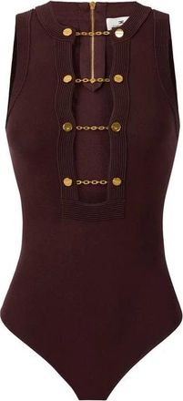 Elisabetta Franchi Tops, Dames, Bruin, L, Viscose Gebreide Bodysuit met Juwelen Manchetknoop