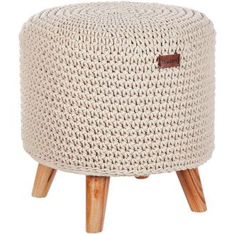Beliani Sgabello cotone macram&egrave; beige e legno chiaro 40 cm fatto a mano Manzai