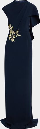 Teri Jon Floral-Embroidered Asymmetric Capelet Gown