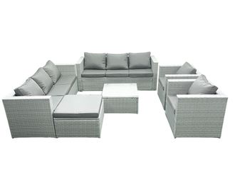 Fimous Outdoor Rattan Sofa Garden Furniture Set with 2 Armchairs Square Coffee Table Big Footstool Light Grey Mixed
