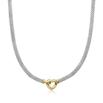 Ross-Simons Sterling Silver and 18kt Gold Over Sterling Heart Bismark-Link Necklace