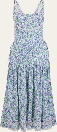 Paco Rabanne Floral Pleated Silk Crepe Sleeveless Midi Dress