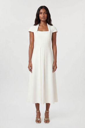Karen Millen Womens Compact Stretch Tailored Square Neck Full Skirted Midi Dress - White - Size 12 UK
