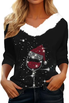 Generic Christmas Jumpers for Women Rhinestone Wine Glass Printed 3/4 Sleeve Ladies Xmas Tops Furry Trim Crew Neck Christmas Sweatshirt Womens Pullover Fall B