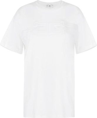 Elisabetta Franchi Tops, Dames, Wit, XL, Katoen, Jersey T-shirt met Logo in Reli&euml;f