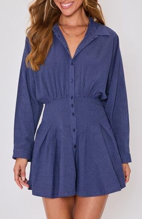 VICI Collection Taylor Stripe Long Sleeve Cotton & Linen Mini Shirtdress in Navy/cream at Nordstrom, Size Medium