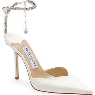 Jimmy Choo London Saeda Crystal Ankle Strap Pointed Toe Pump in Ivory/Crystal at Nordstrom, Size 10.5Us
