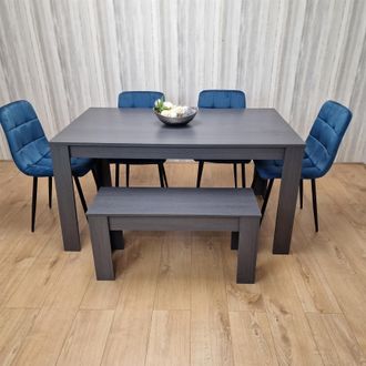 Kosy Koala Modern Dark Grey Dining Table Set with 4 Blue Velvet Chairs & 1 Bench in Brown