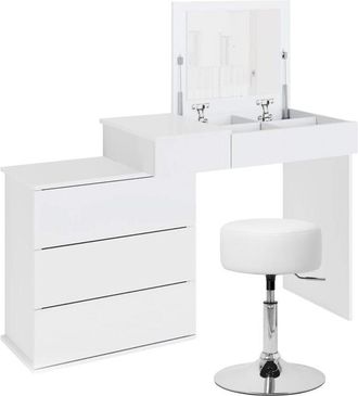 ML Design Ml-design Tocador Moderno Con Taburete Y Espejo 4 Caj&oacute;nes Con 4 Compartimentos Almacenamiento 117,5 X 78 X 45cm Blanco Fabricado En Madera Mdf Mesa Pe