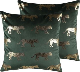 Beliani Beliani - Conjunto De Cojines Decorativos De Terciopelo Verde Estampado Animal L&aacute;mina 45 X 45 Cm Motivo De Tigre Decoraci&oacute;n Glamour Bluebell