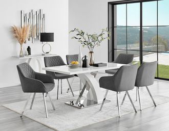 Furniturebox Atlanta 6 White Dining Table & 6 Falun Silver Leg Chairs in Dark Grey