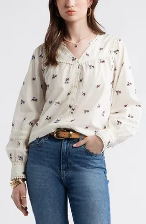 Treasure & Bond Lace Trim Button-Up Shirt in Ivory- Purple Tossed Embroider at Nordstrom, Size Xx-Small