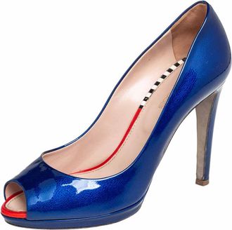 Sergio Rossi Blue Patent Leather Peep Toe Pumps