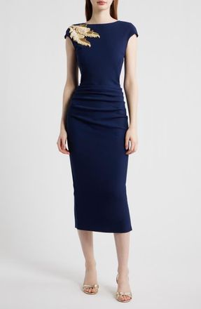 La Petite Robe Di Chiara Boni Metallic Feather Detail Cocktail Sheath Dress in Blue Notte at Nordstrom, Size 14 Us