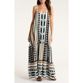 Elan Embroidered Tiered Cotton Blend Cover-Up Maxi Dress in Neutral Aztec at Nordstrom, Size X-Large