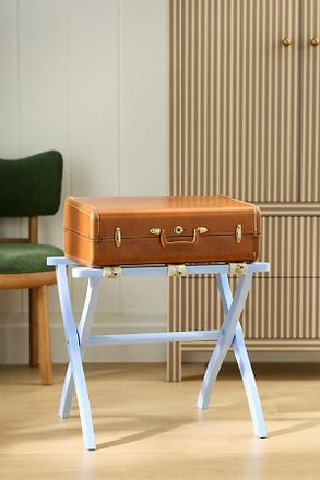 Anthropologie Embroidered Painted Wood Strap Luggage Rack