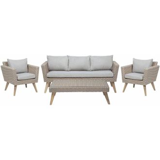 Beliani Set Esterno Rattan Marrone Divano 3 Posti 2 Poltrone Tavolino Cuscini Grigi Vittoria xl