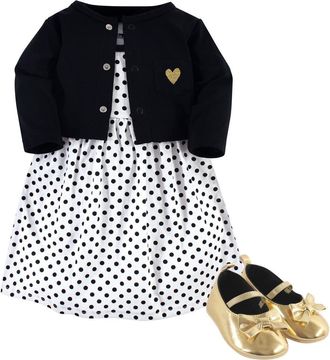 Hudson Baby Cotton Dress, Cardigan and Shoe Set in Black Dot at Nordstrom, Size 9-12M