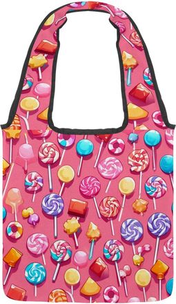 Generic Pink Candy Pattern Reversible Canvas Shoulder Tote - Double-Sided Print, 12oz Cotton, 27cm Drop, Fold-Flat Bag for Travel, Shopping, Street Outings